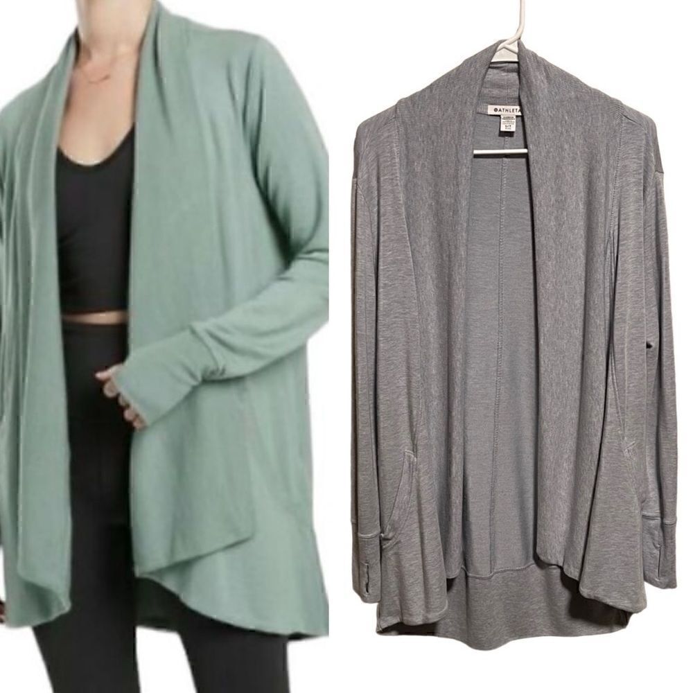 ATHLETA- Pranayama Wrap Cardigan Heather Blue Thumbholes Long Sleeved Small TALL